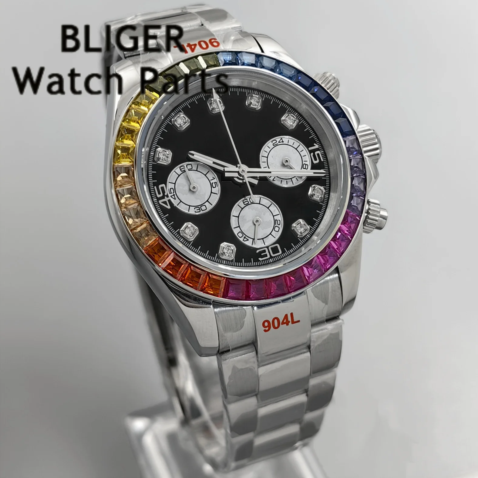 BLIGER Black Panda Dial Multicolour Bezel Chronograph VK63A Quartz Running Second Hand Men Watches Sapphire Glass Rubber Strap view 5