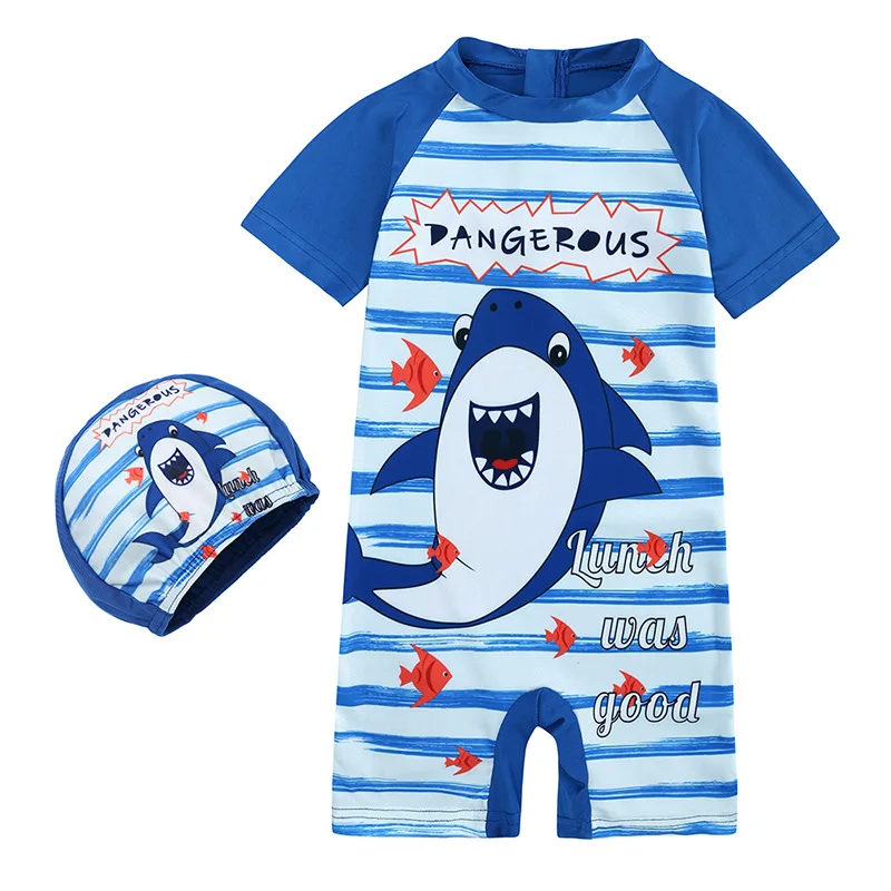 1-8Y 2pcs/set Boys One Piece Swimming Suit for Baby Infant Toddler Swim Surf Wear Child Kids Dinosaur Shark Print With Cap