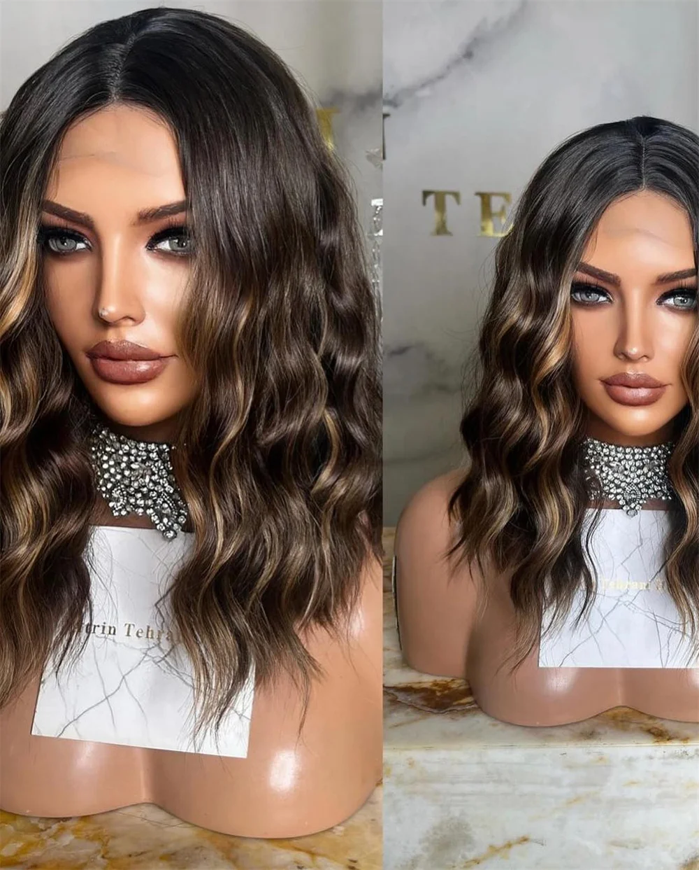 

16 Inch Synthetic Lace Wig for Women 13x4 Lace Front Wig for Cosplay Daily Use Short Deep Wave Highlights Brown Hair