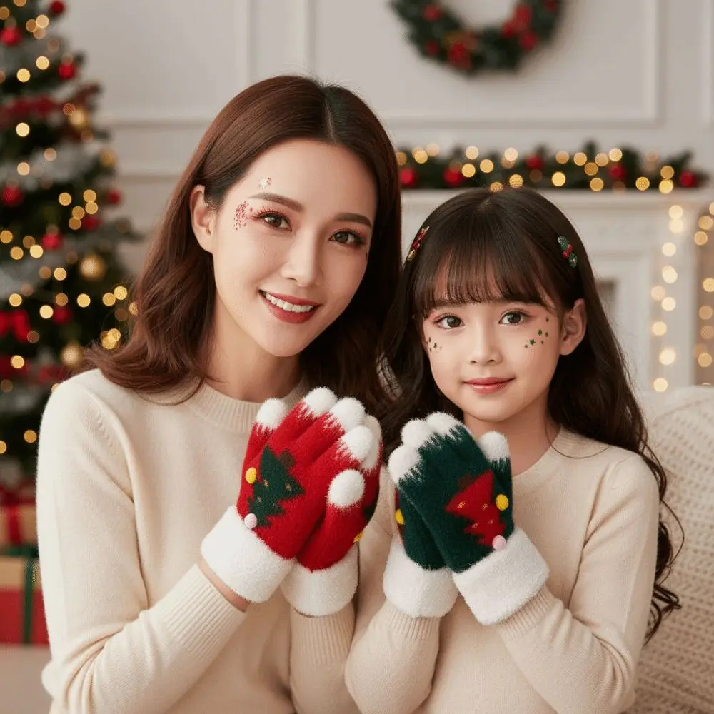 Red Green Christmas Gloves Knitted Woolen Plush Cuff Winter Knit Mittens Thick Lining Elastic Wrist Touchscreen Full Finger