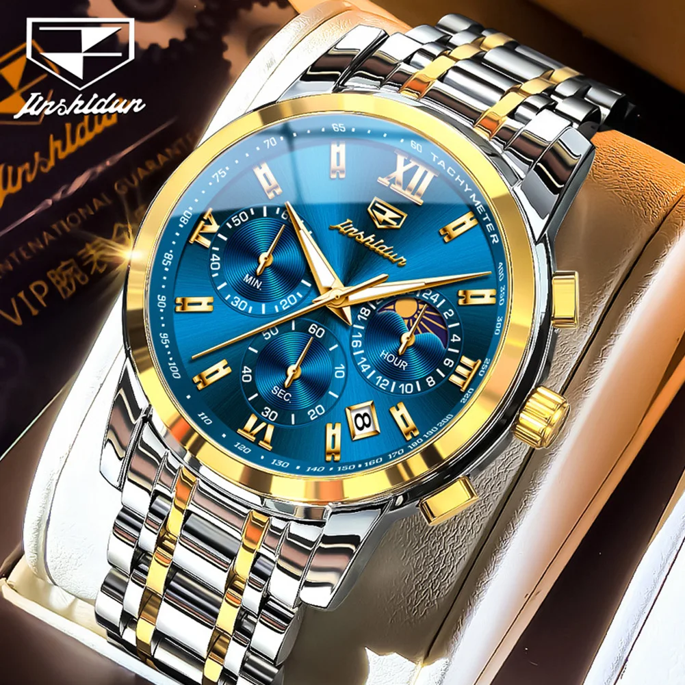 ساعات JSDUN الرجالية الفاخرة المقاومة للماء من الفولاذ الناعم كوارتز أصلية للرجال كرونوغراف لمرحلة القمر المضيئة