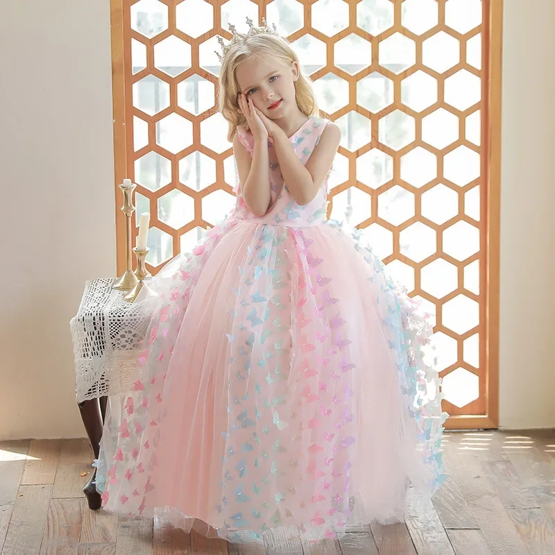 Graduation Big Girls Long Garden Prom Dress Petal Butterfly Flower Girls Dresses for Wedding Pink Teen Girls Formal Party Dress