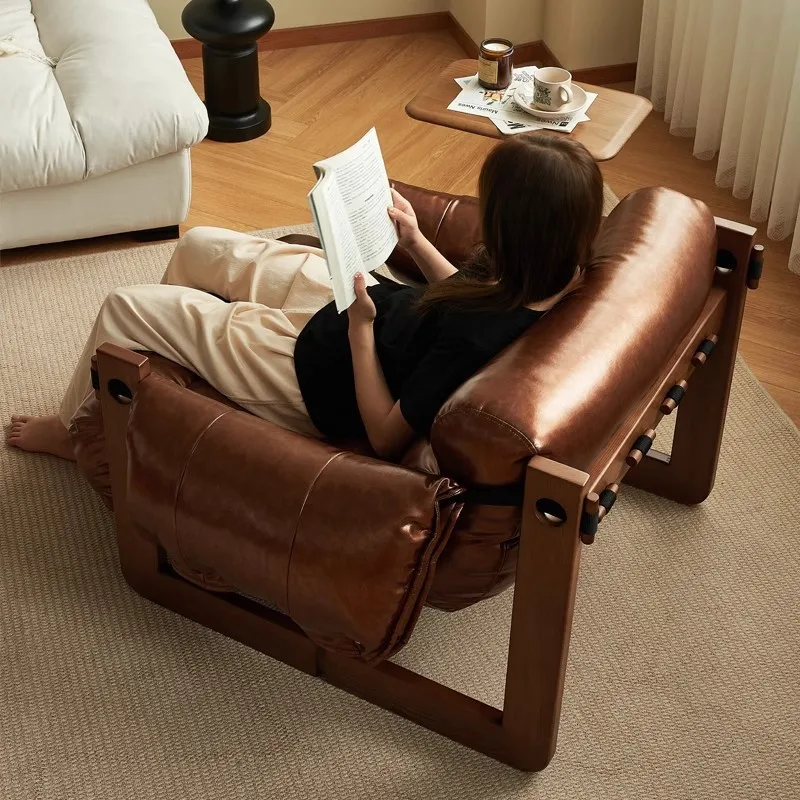 Single Solid Wood Sofa Chair Living Room Casual Leather Recliner Simple Modern Small Apartment Medium Antique Leather