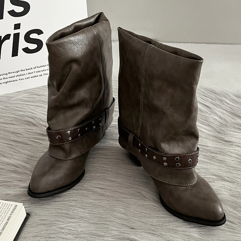 Pointed Toe Women Mid Calf Boots Rivet Metal Buckle Strap Decor Block Heel Vintage Ladies Autumn Daily Pants Tube Botas Mujer