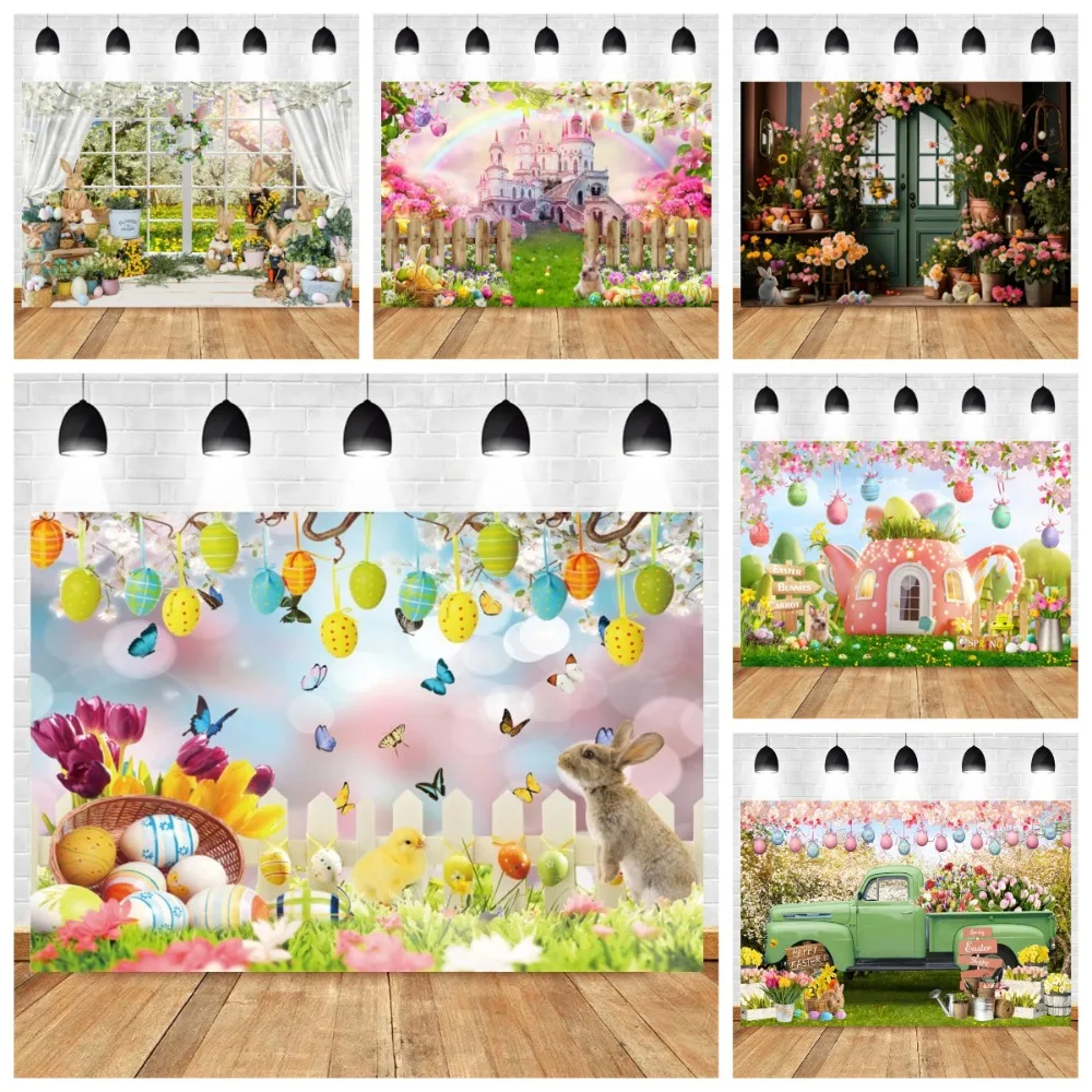 

Spring Easter Wooden Door Green Grass Rabbit Photography Background, Garden Easter Egg Children's Birthday Photography Backdrop