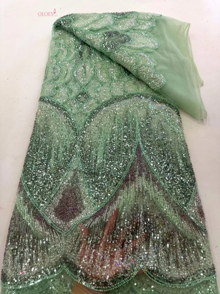

OLOEY New Design African Luxury Sequin Beaded Lace Fabric 5 Yards France Nigeria Tulle Party Dresses Women's Wedding Lace Fabric