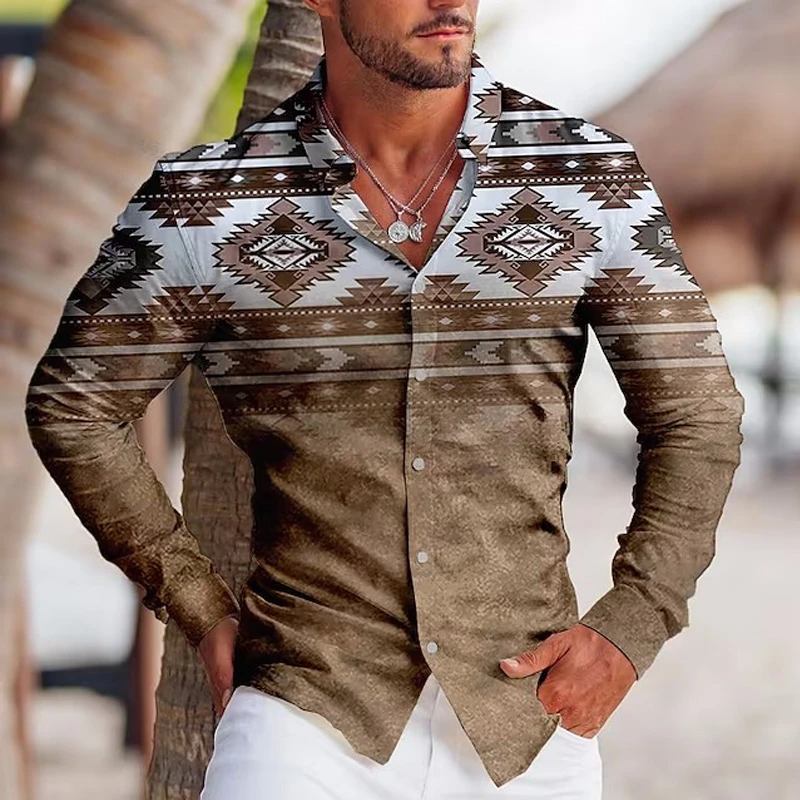 Camisa de manga larga con estampado retro para hombre, tops casuales con personalidad para exteriores, ropa suelta de calle, otoño