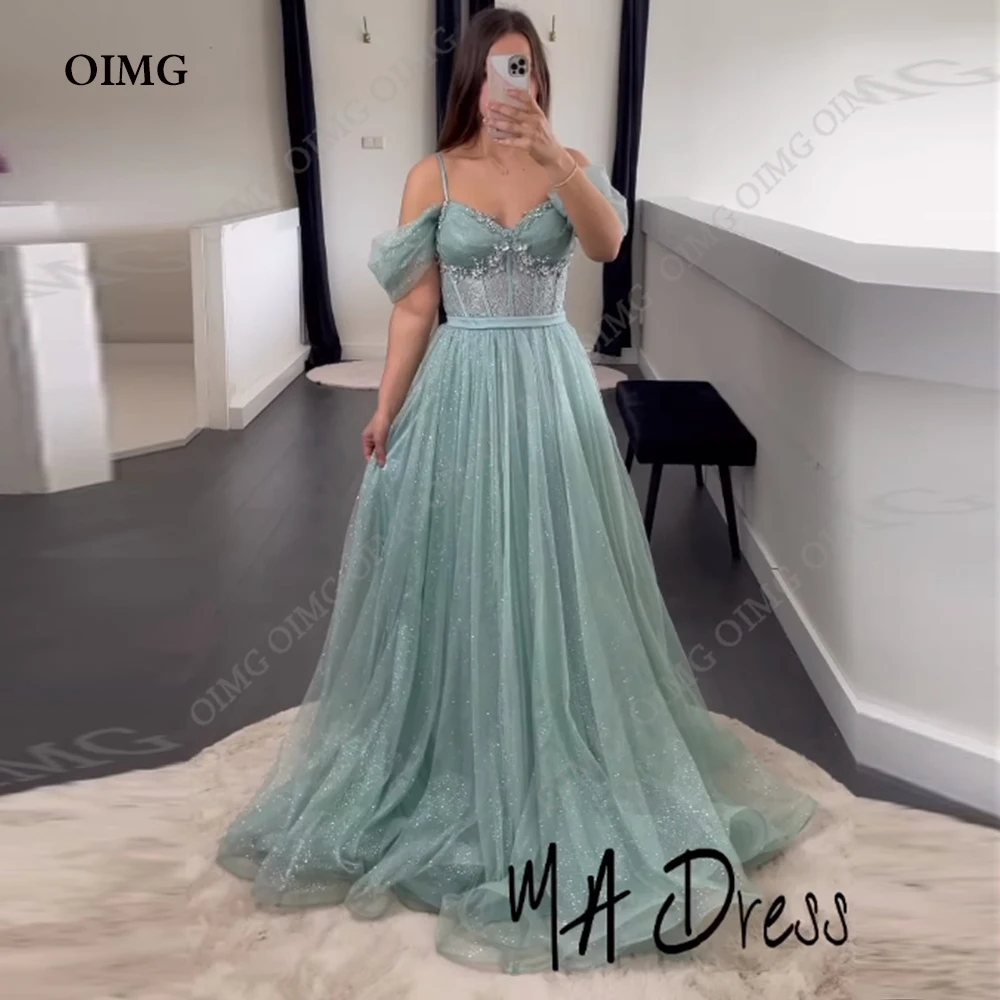 OIMG Glitter Sequins A Line Lace Party Dresses Off Shoulder Sweetheart Prom Evening Dresses Shiny Long Vestidos De Fiesta