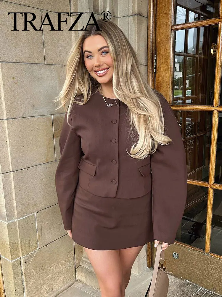 TRAFZA 2024 Autumn New Women Fashion Solid Set O Neck Balloon Type Short Coat Top + Wild Streetwear Slim Woman Brown Mini Skirt