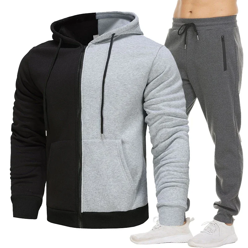 Men Autumn Winter Long Sleeve Sport Tracksuit Fashion Zipper Jackets and Sweatpants Casual Male Fleece Printed Sweater Suits