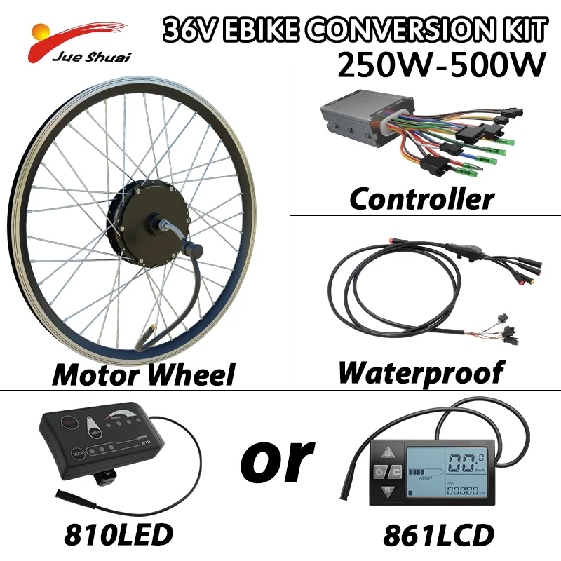 36V 250W-500W E Bike Motor Wheel Kit 861LCD/810LED Display Electric Bike Conversion Kit 20