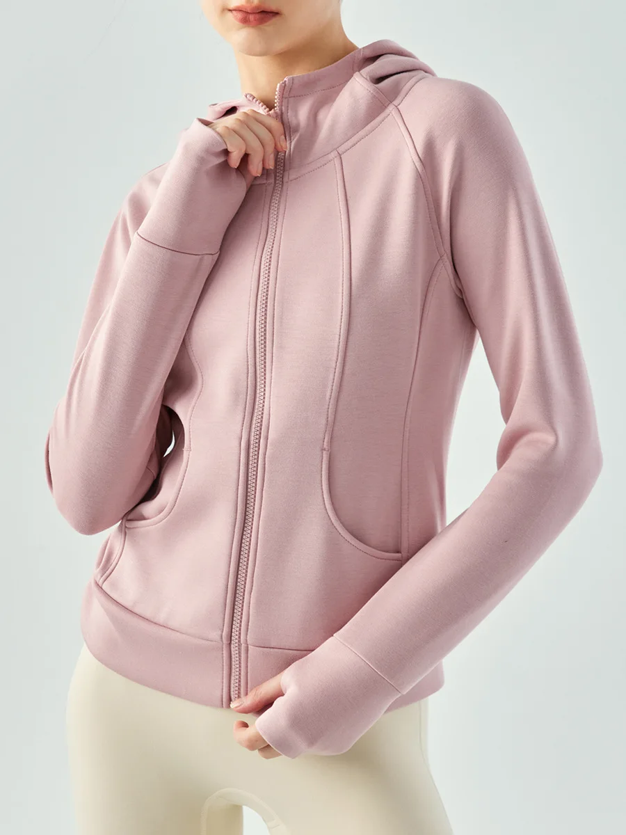 Long Sleeve Zipper Hooded Yoga Jacket Gym Women Yoga Fitness Loose Sports Shirts Outdoor Running Keep Warm Comfortable Tops