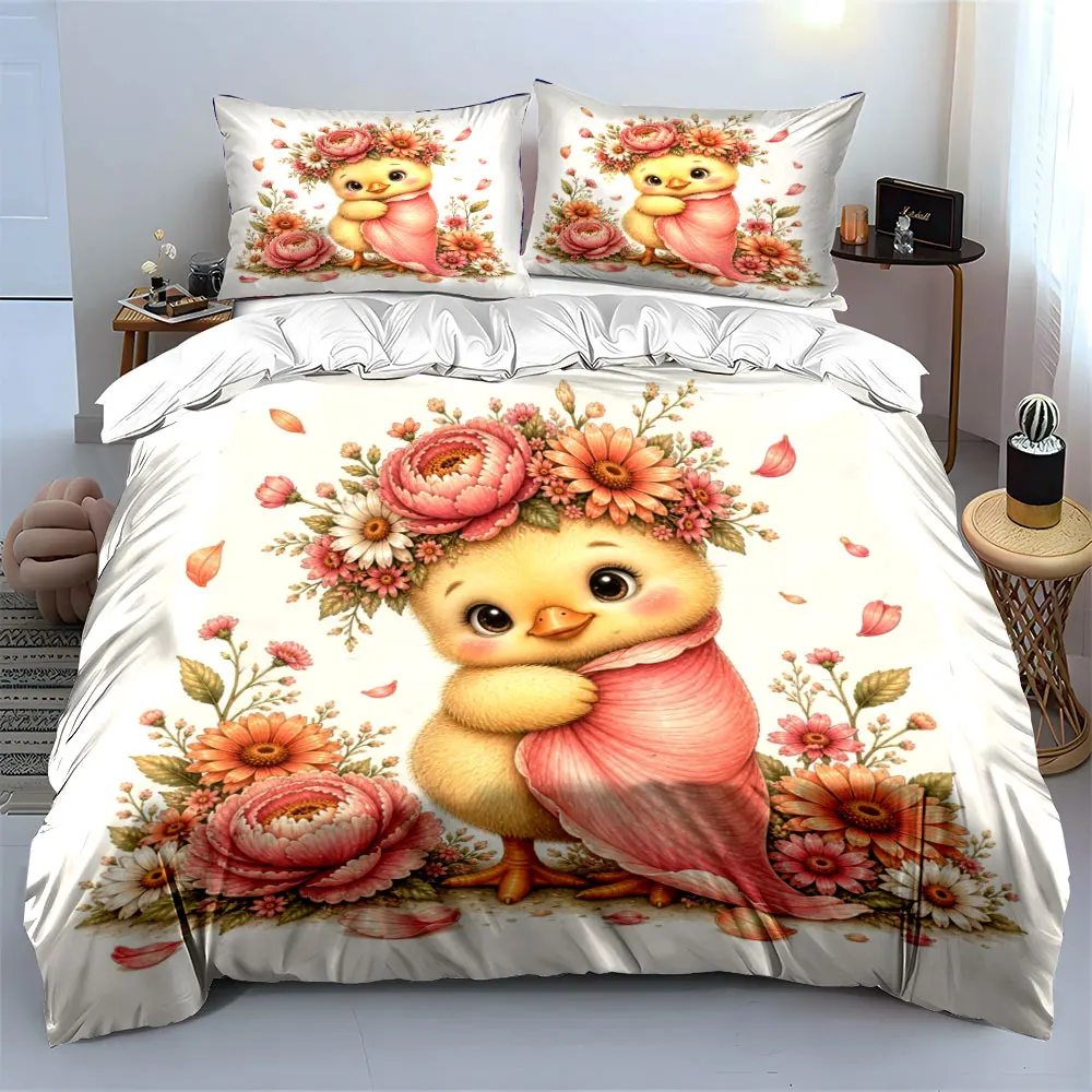 Adorable chick with floral wreath pattern Duvet Cover Set with 3D Printing Design Soft Polyester Bedding Set All-Season Comfort
