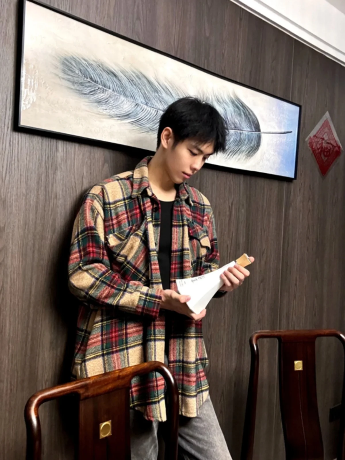 

Retro American Plaid Men's Oversize irt Sle Woolen Coat Youthful Trendy Workwear Jaet Loose Fit Long Sve Spring Autumn