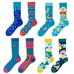 1 Pair Couple Sexy Socks Spring High-quality Men Women British Style Design Cat Mermaid Wine Novelty Literary Cotton Middle Sock