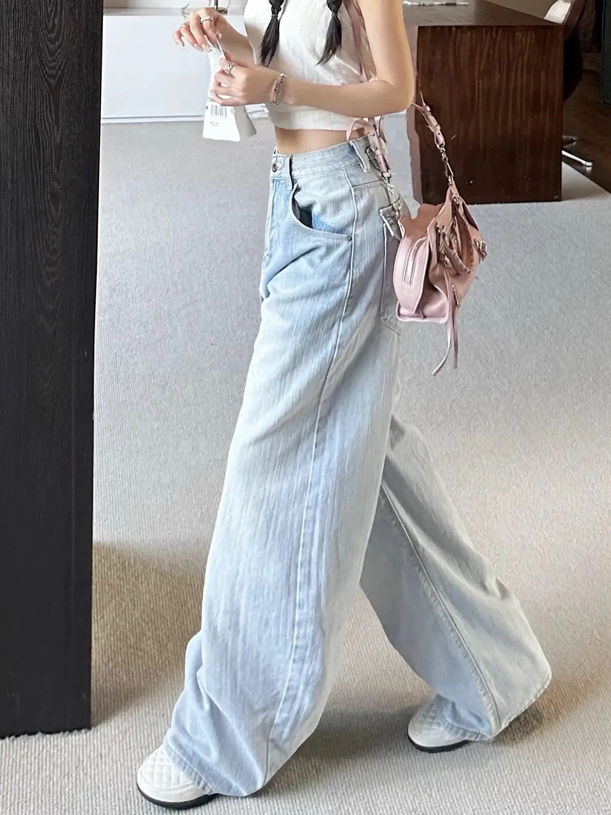 Light Blue Adjustable Waist Mid Low Rise Wide Leg Jeans Women Loose Straight Casual Summer Streetwear Pants