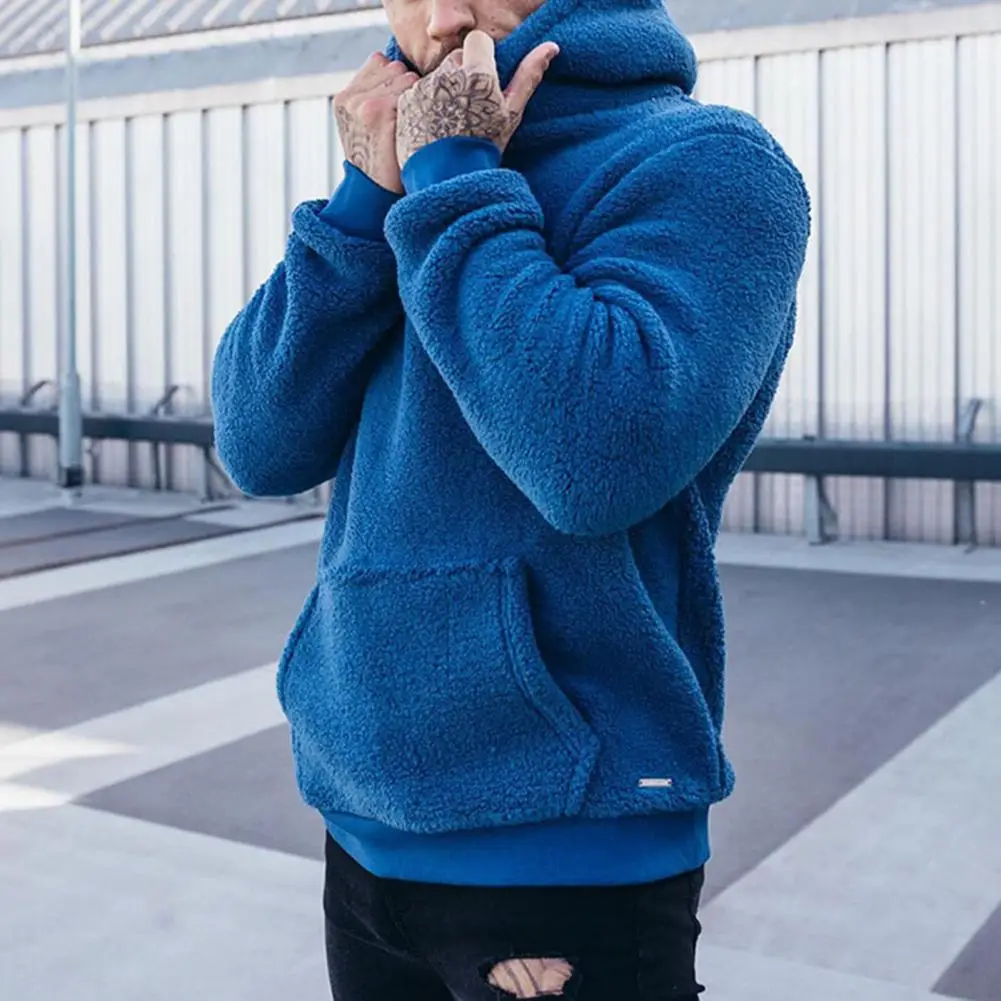 

Casual Sweatshirt Men's Winter Plush Hoodies with Letter Print Front Pocket Imitation Lambswool/cashmere Warmth for Comfort