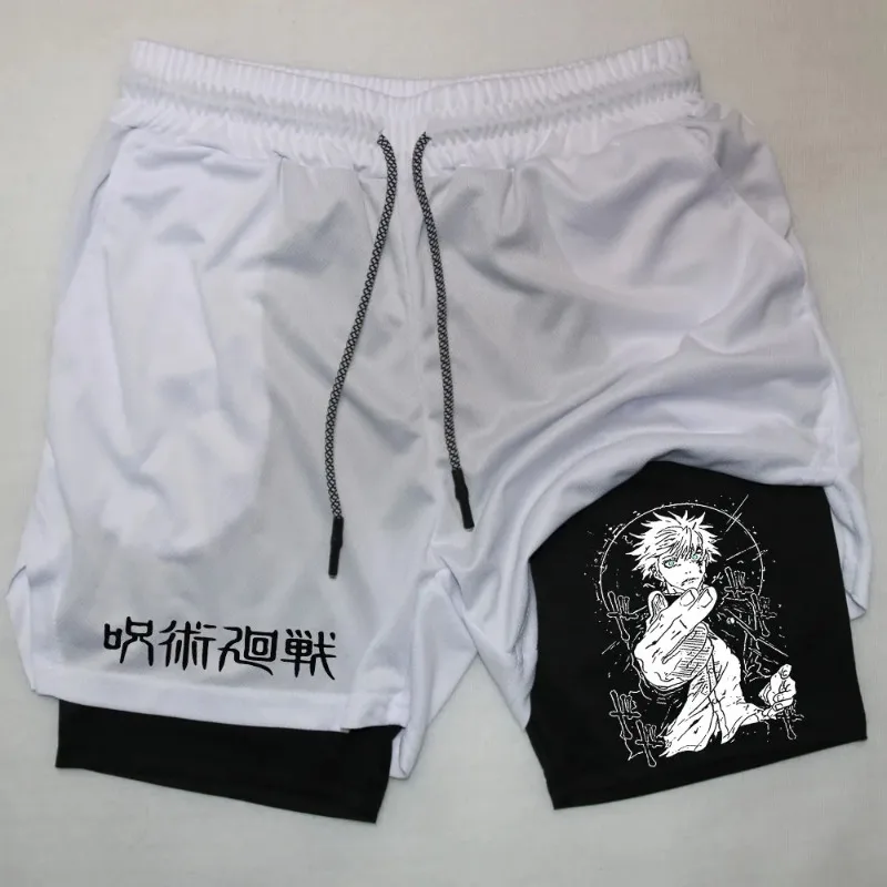 شورت ضغط 2 في 1 للرجال في صالة الألعاب الرياضية والجري وأداء الرسوم المتحركة Jujutsu Kaisen مع جيوب ملابس رياضية للتمرين