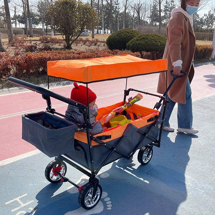 3-in-1 Canopy Portable Folding Beach Utility Cart Trolley Wagon Cart Folding Multipurpose Camp Wagon Cart