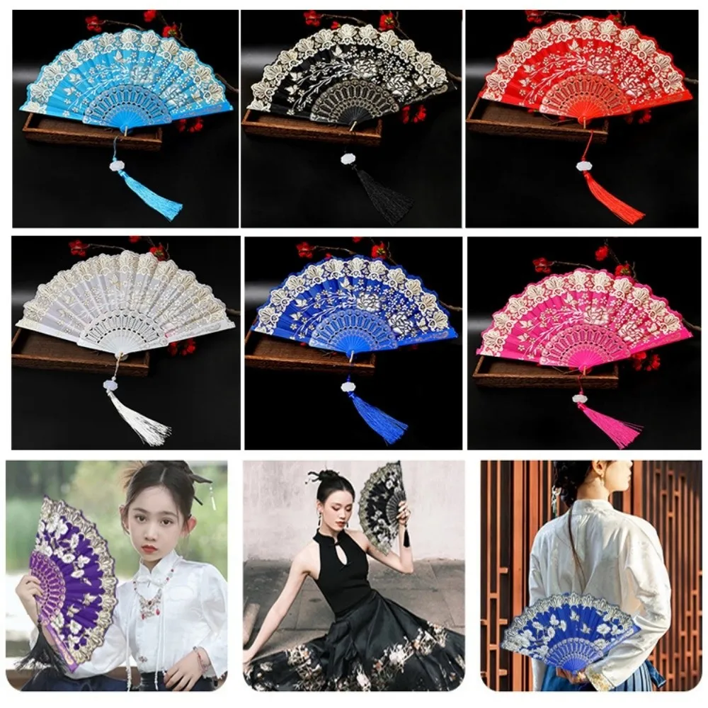 Embroidered Folding Fan Multicolors Hot Stamping Chinese Wedding Cloth Folding Fan Photography Props Gold Blocking Fan