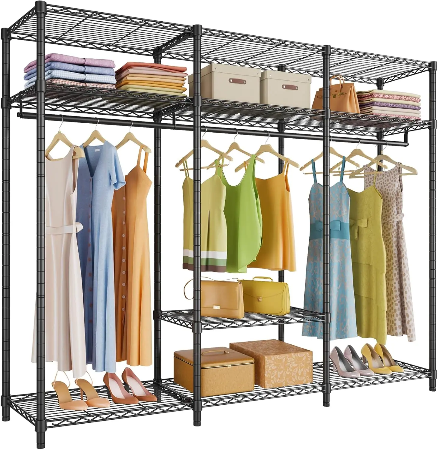 Garment Rack, Heavy Duty Clothes Rack with 7 Adjustable Shelves & 2 Hang Rods, Portable Closet System