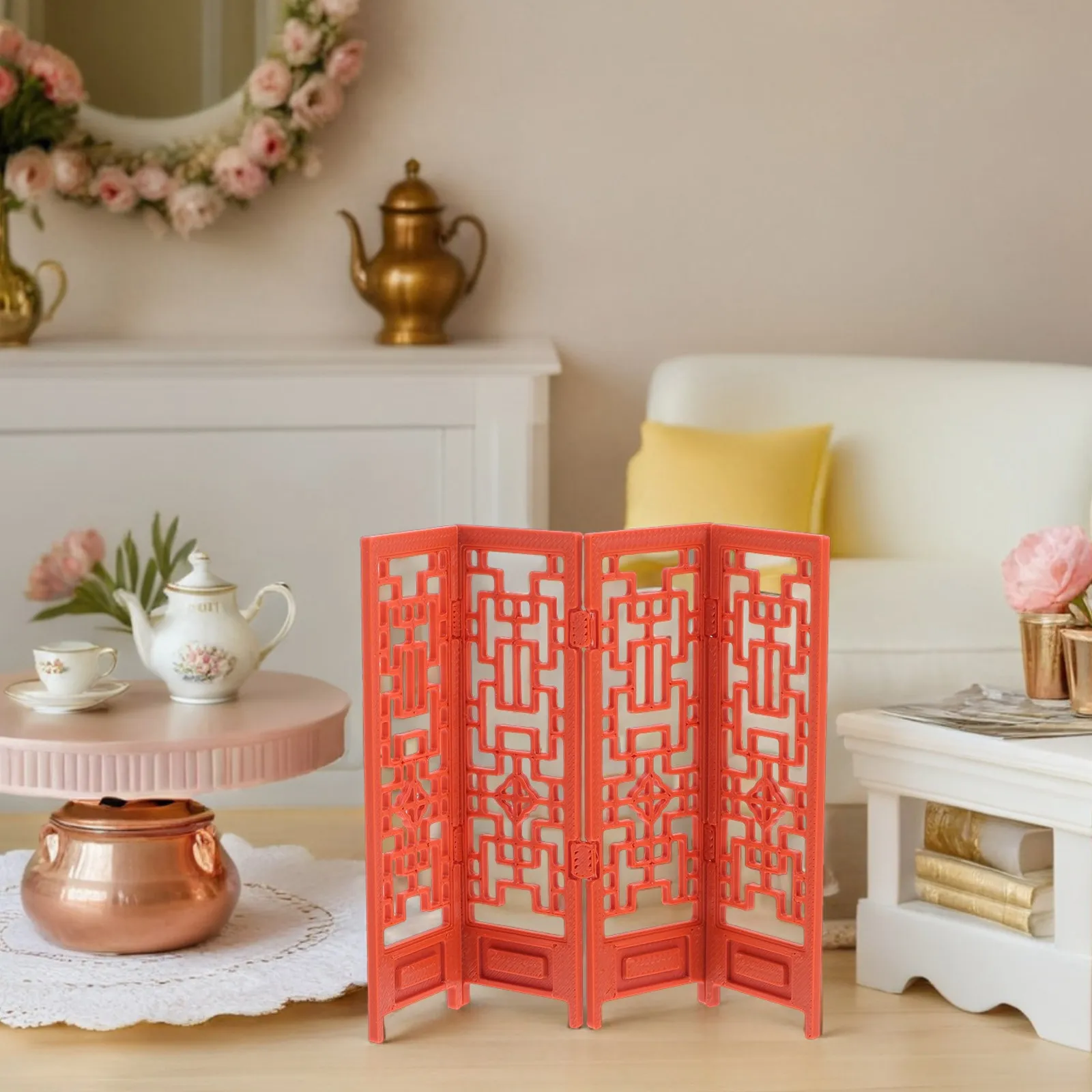 1:18 Mini Folding Screen for Dollhouse – Realistic Traditional Chinese Room Divider Decoration