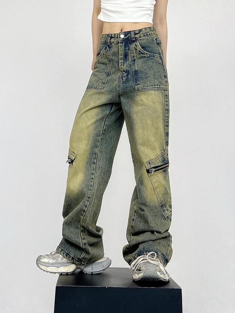 Gebleichte Jeans für Herren, Baggy, knöchellang, japanischer Stil, gewaschen, Fitness, Reißverschlüsse, High Street, Hip Hop, Vintage, Frühling, Sommer, Teenager