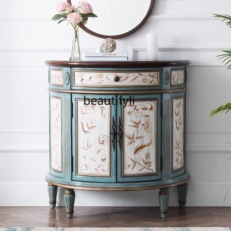 European-style entrance cabinet Solid wood American-style rural semi-circular locker decorated   retro entrance table