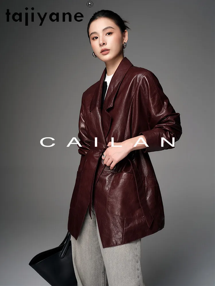 TAJIYANE Giacca in Vera Pelle di Capra Cerata a Olio, Lunghezza Media, Cappotto alla Moda con Cintura, Abbigliamento Autunno 2025, Дубленка