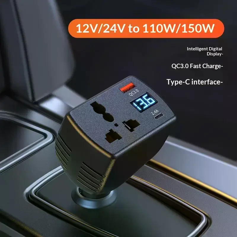 12V/24V To AC 110/220V Vehicle Mounted Inverter Multi-function Car Power Inverter With Display Type-C USB Chargers Car Accessor
