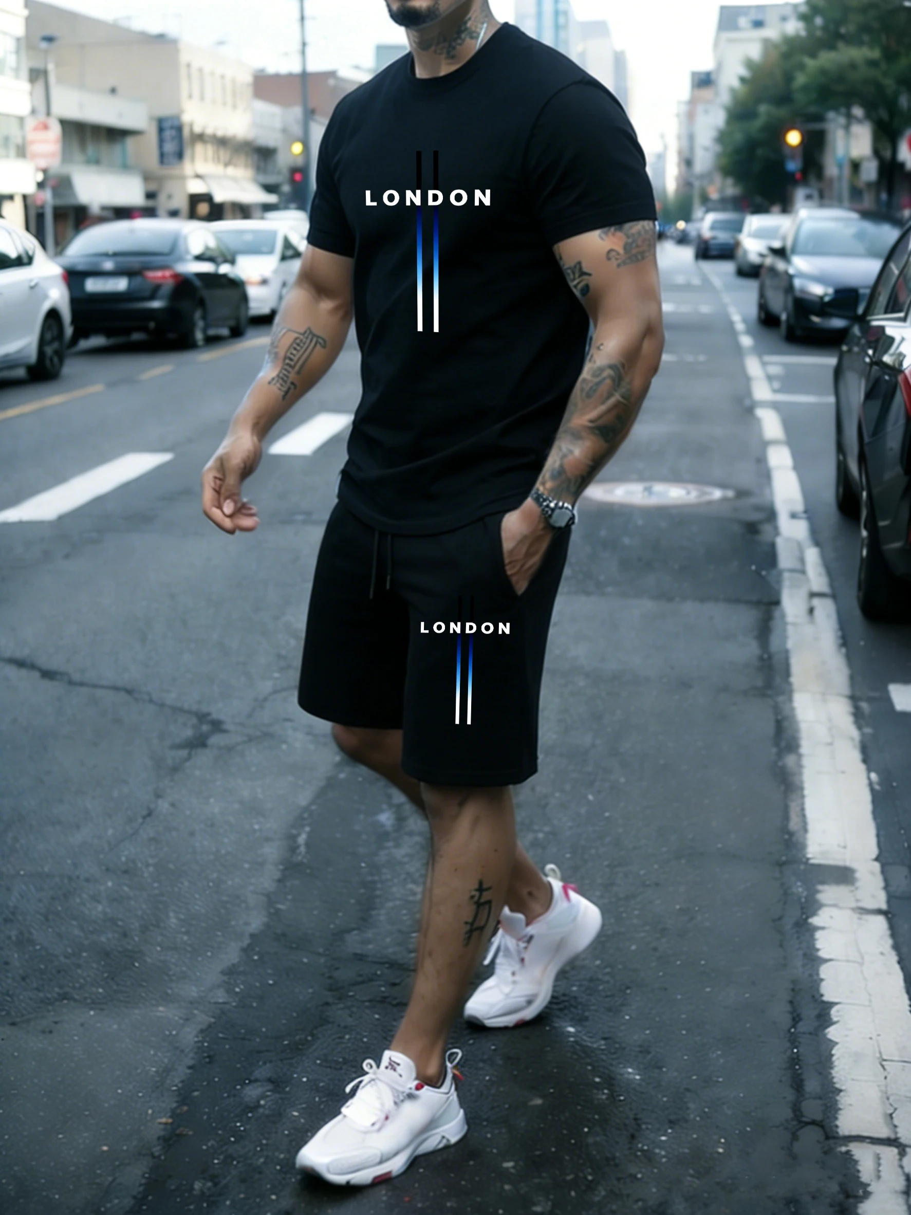 

London Letter Simple Design Cotton Summer Basics T Shirt 2 Piece Set Male Loose Jogging Sportpants Soft Comfortable Tee & Shorts