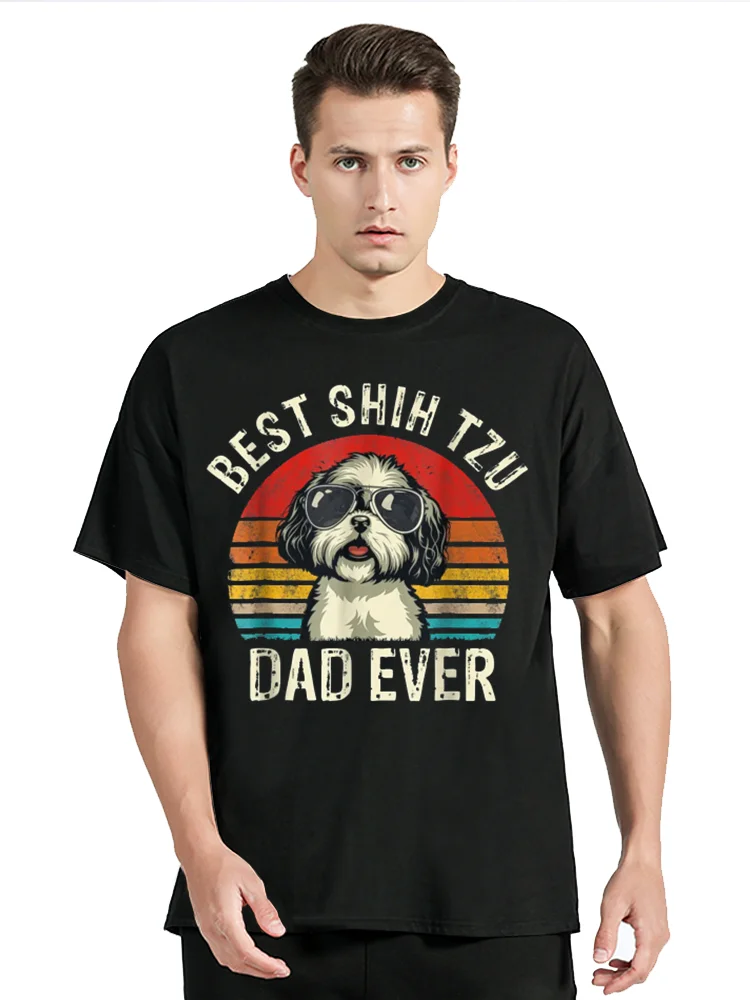 Best Shih Tzu Dad Ever Fathers Day Vintage Shih Tzu Dog Fitness T-shirt Cotton Tops Tees Men's Clothing Oversized Unisex Tshirt