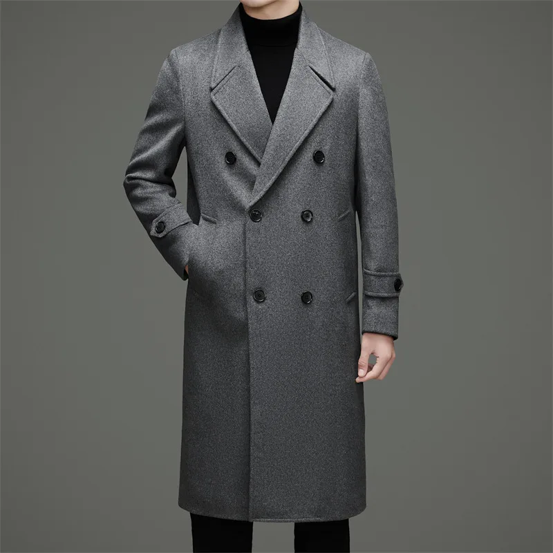 Men Wool Overcoat Old Money Look Winter Double Breasted Notched Collar Design Woolen Blend Coat Black Gray Coffee Color Topcoat