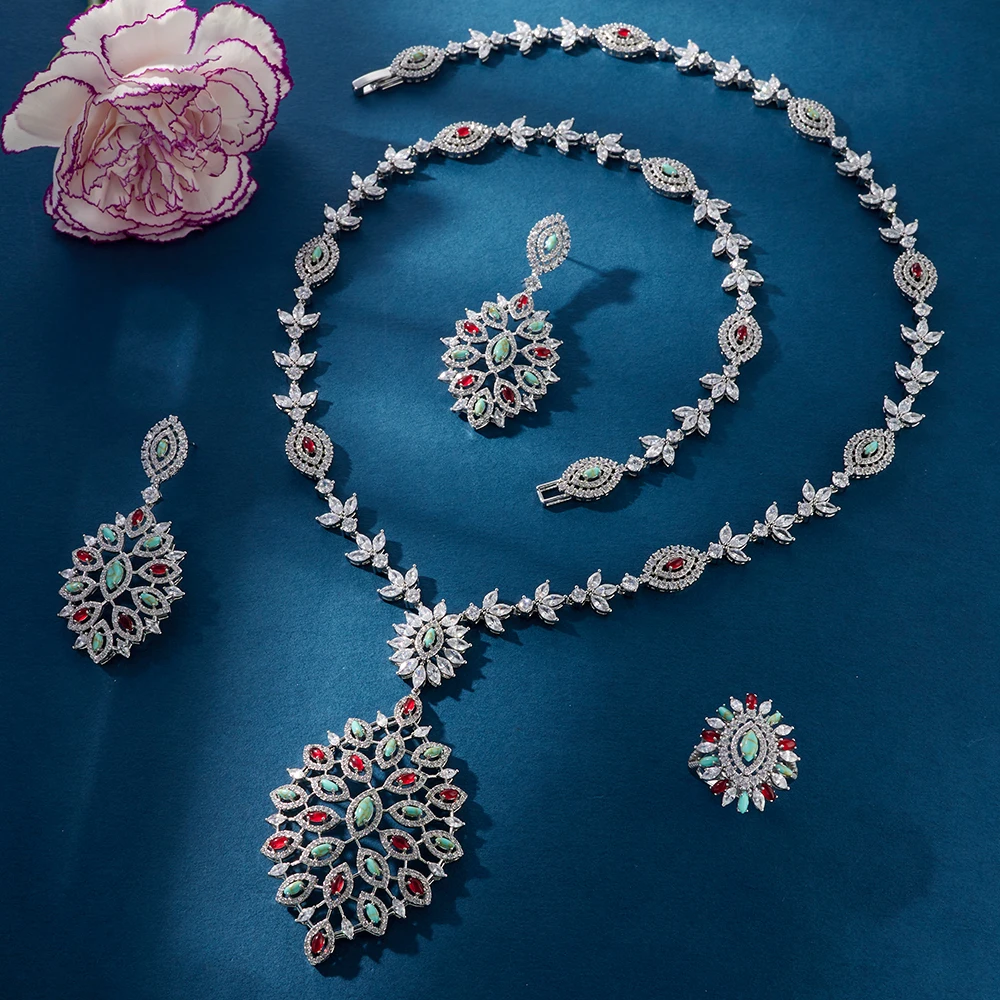 

0006 Ujove Fashion Turquoise Long Necklace Set For Women Bridal Jewelry Wedding Party Nigerian African Necklace Earring Ring Set