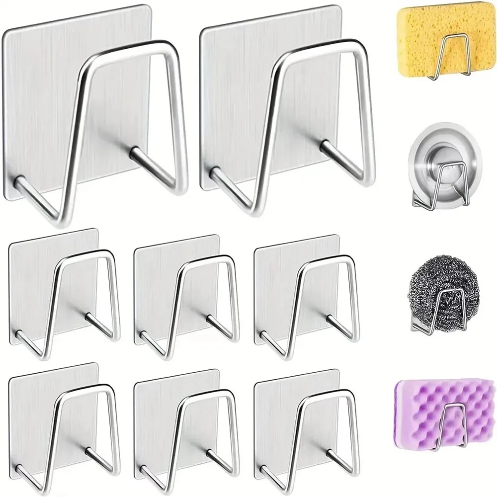 Estante de esponja para fregadero de cocina, soporte de almacenamiento de drenaje autoadhesivo, alambre de acero inoxidable, organizador de cepillos de trapo, ganchos de pared, 1-2 piezas