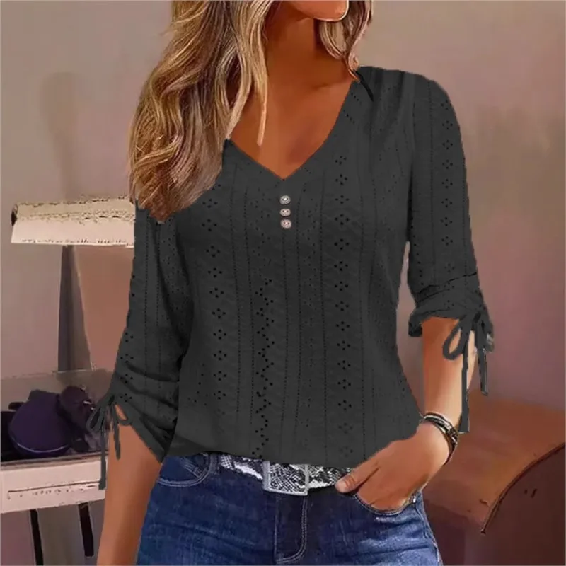 Elegant Women's V-neck Cuff Lace Up Hollowed-out Top Spring Autumn Fashion Casual Button Long Sleeve Solid Color T-shirt Top