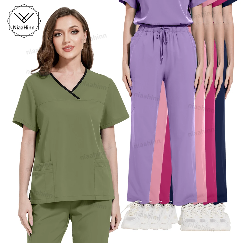 

High Quality Hospital Uniform Nursing Scrubs Operating Room Surgical Gowns Lab Coat Dental Veterinary Work Wear Tops+Pants Suits