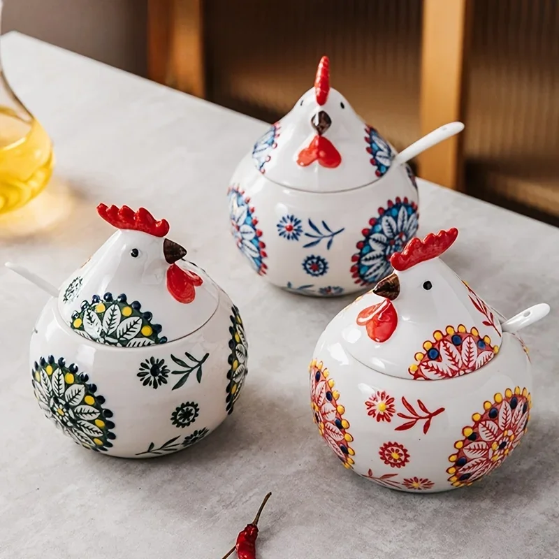 Creative Ceramic Seasoning Jar Cute Rooster Seasoning Box with Lid Seasoning Box Pepper Salt Jar Moisture-proof Kitchen Tools