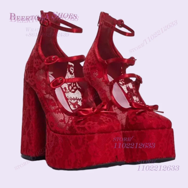 Bright Red Mesh Lace Flower Sexy Sandals Women Platform Buckle Stripes Hollow Chunky Heels Round Ballet Bow Elegant Party Shoes