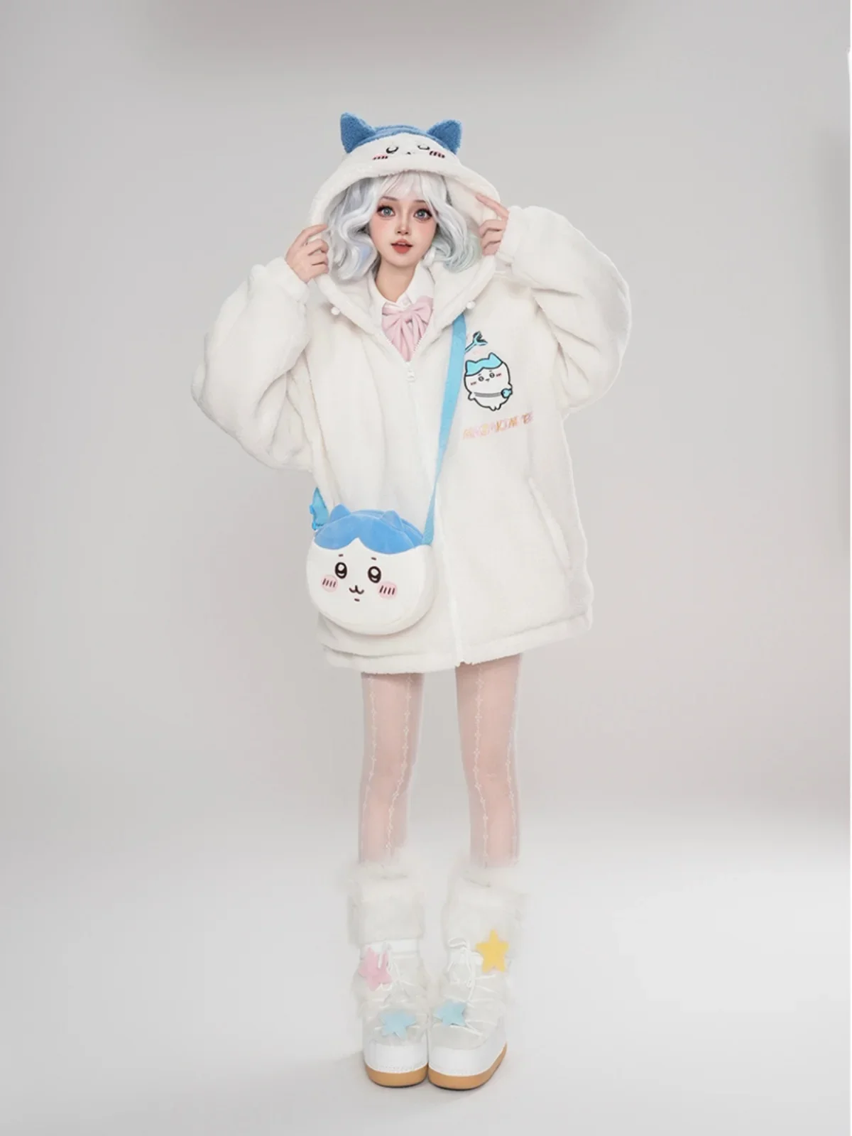 Japanese Sweet Cute Funny Cartoon Embroidery Ears Hooded Loose Thickened Plush Warm Outerwear Kawaii Jackets Women Winter Coat