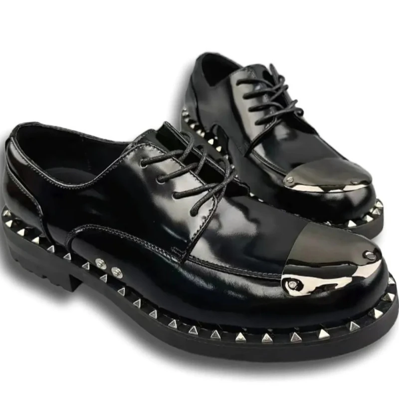 

British Retro Bright Cowhide Derby Shoes for Men's Genuine Leather Height-increasing Shoes Business Rivet Iron Head Dress Shoes