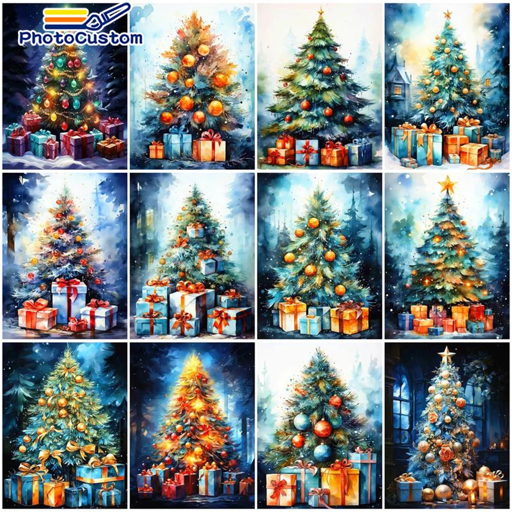 Fotocustom Diy Schilderij Op Nummer Kerstboom Olieverfschilderij Handgeschilderd Op Canvas Tekening Op Nummer Voor Huisdecoratie Cadeau