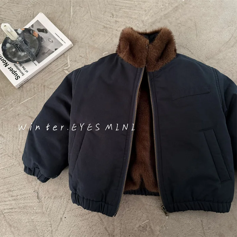 Children's Jacket 2025 Winter New Boys and Girls Solid Color Thickened Zipper Shirt Baby Stand Collar Jacket Trendy