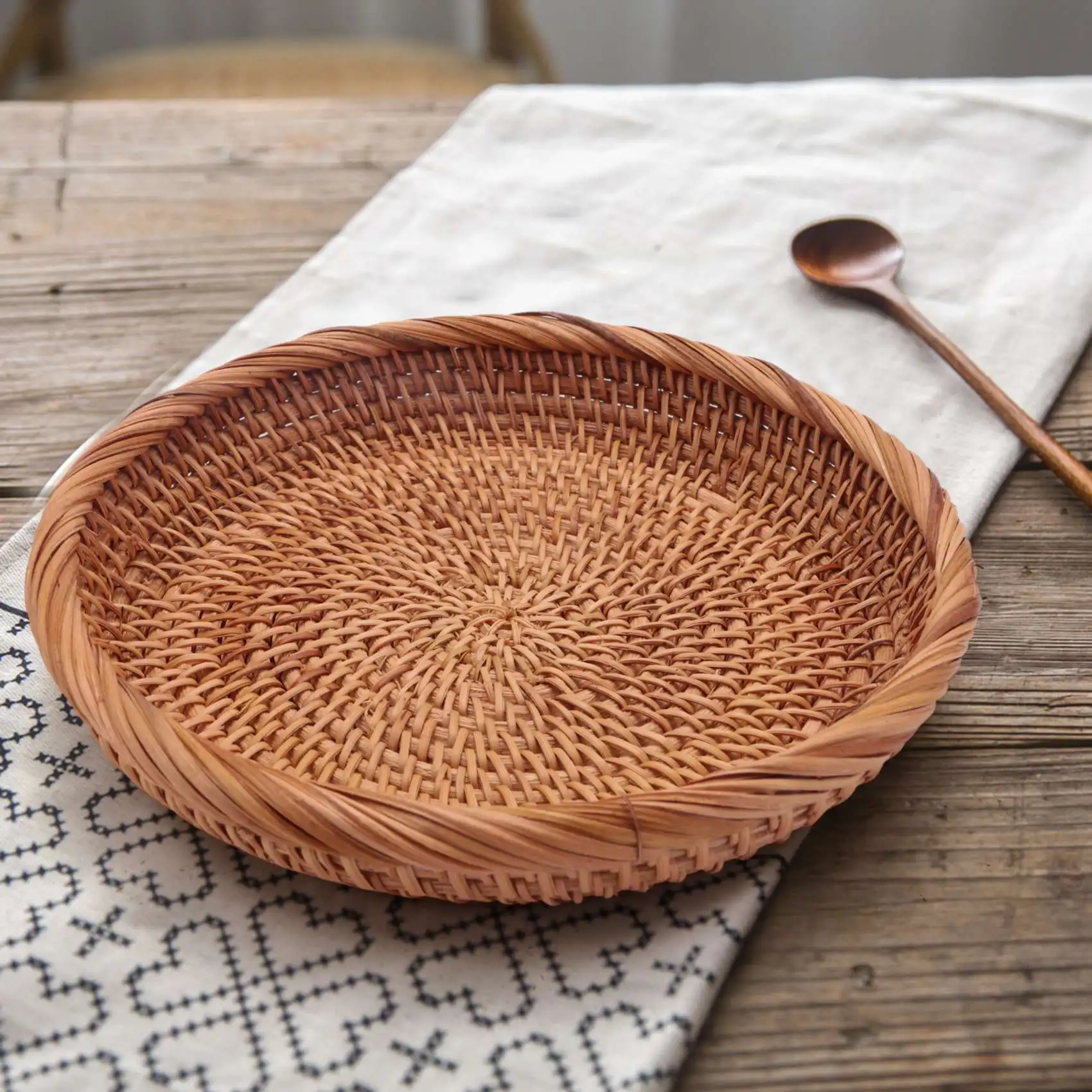 등나무 직조 보관 바구니, 빵 바구니 디스플레이 바구니, 과일 캔디 케이크 트레이, 열쇠, 지갑, 휴대폰 (7.5 인치), 2 팩