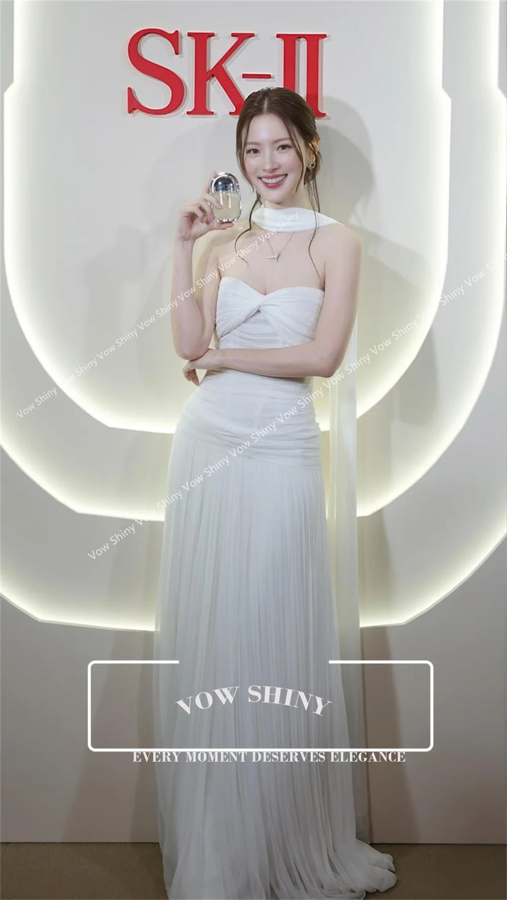 Vow Shiny Elegant Strapless Pleat Chiffon Wedding Dress OLOEY Korea Photo Shoot A Line Floor Length Formal Gown Scarf Customized