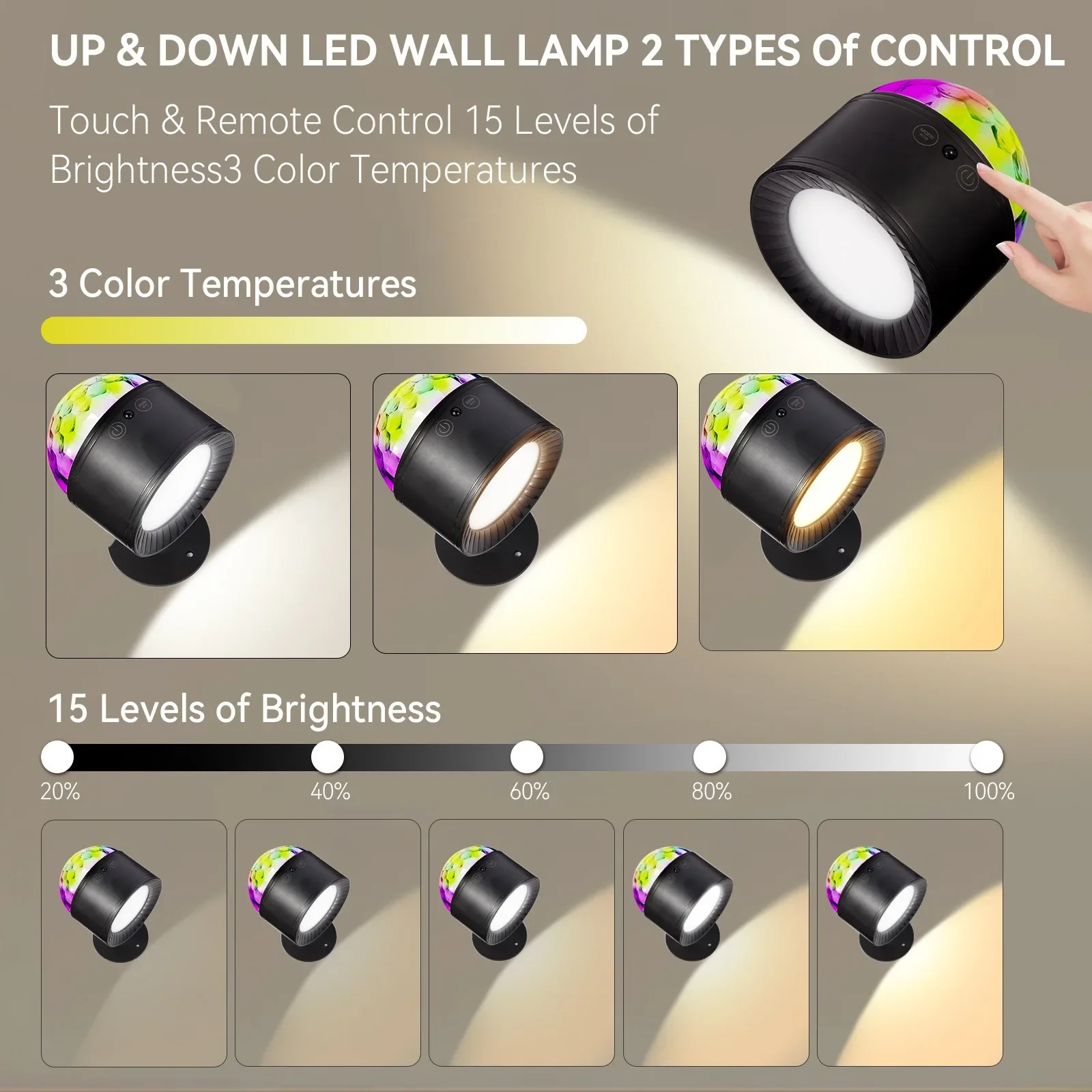 LED Wall Light RGB Disco Lights 3in1 Night Lamp 360° Rotation Up Down LED Remote Rechargeable Wireless for Bedroom Decoration