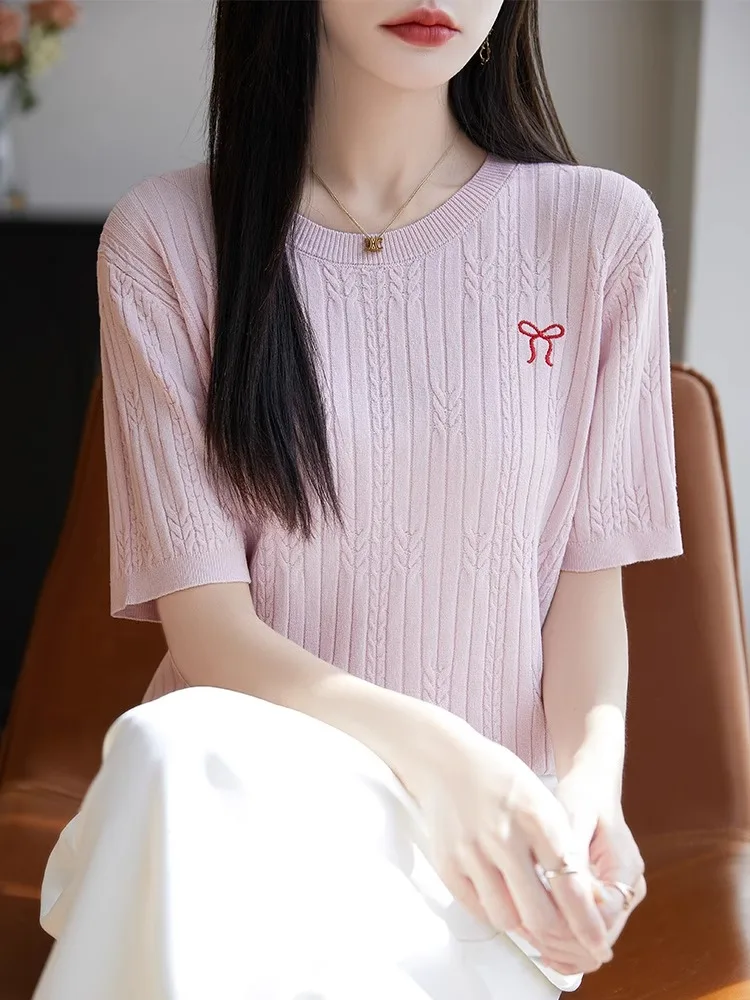 Été nouveau rond Ne tricoté ort Sve T-shirt femmes décontracté torsion Simple broderie glace soie haut tricoté coupe ample basique...