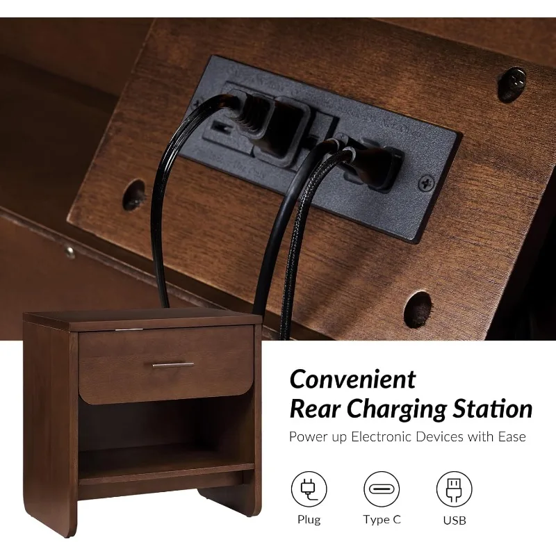 Walnut Nightstand Set of 2 with Charging Station and Hidden Drawer, Bedside Table with Open Storage Shelf, Modern Wo