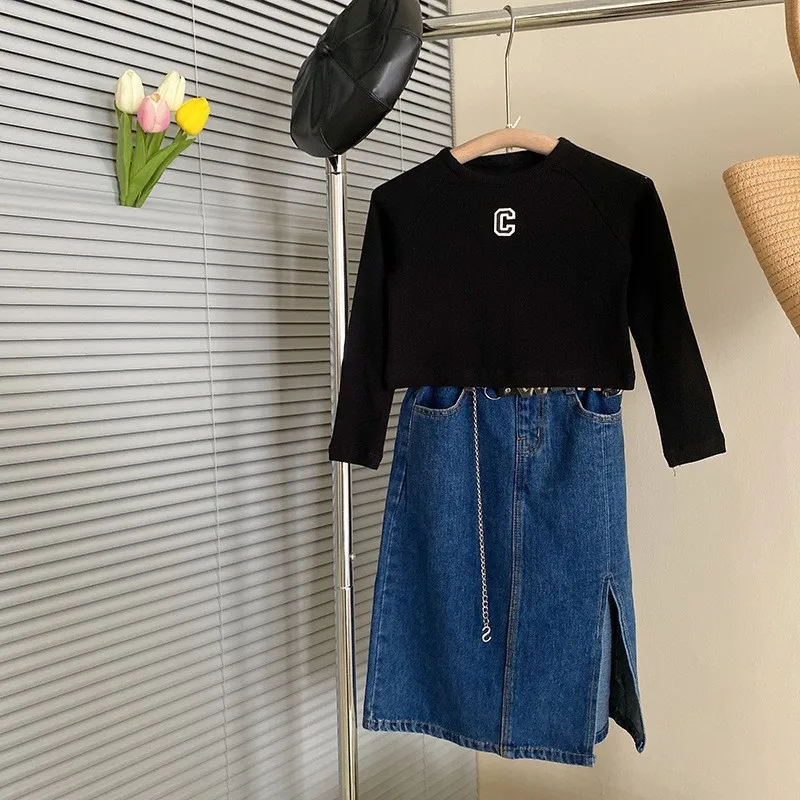 Fashion Baby Girl Jean Slit Skirt Long Sleeve Tshirt Infant Toddler Child Denim Skirt Spring Autumn Summer Baby Clothes 1-10Y