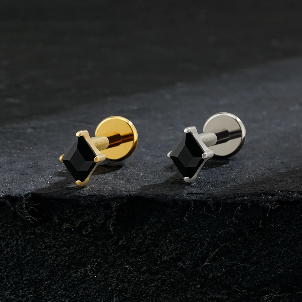 Right Grand ASTM F136 Titanium Rhombus CZ Internally Threaded Labret Stud 16G Flat Back Earring Cartilage Tragus Helix Nose Stud Medusa Piercing Jewelry